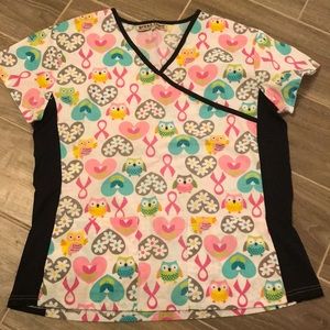 Scrub top owls and pink ribbon w/ black detail